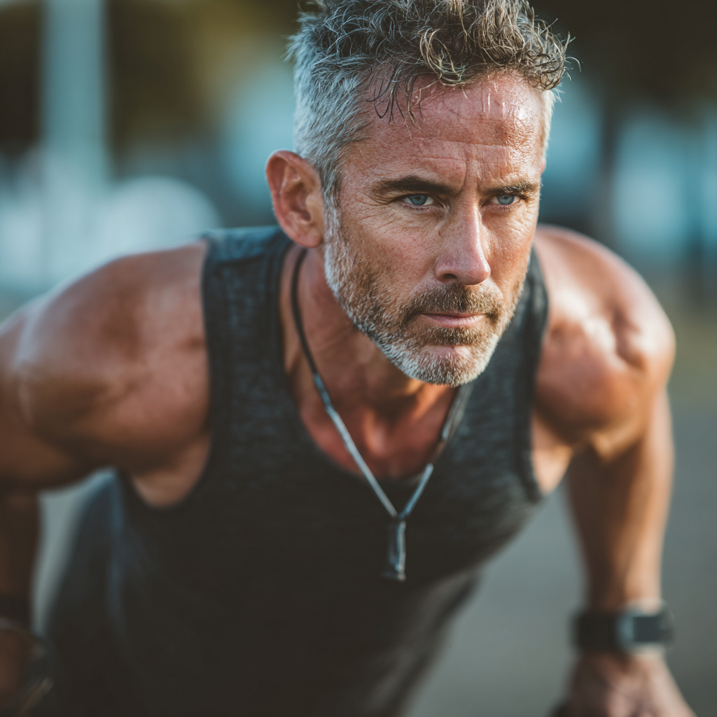 Active man in his late 40s doing functional training exercises outdoors, healthy lifestyle concept