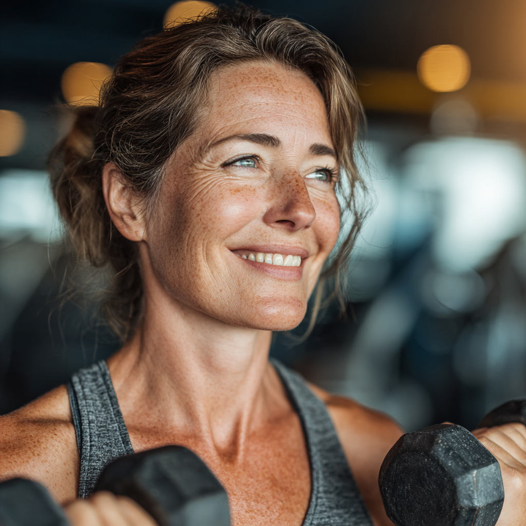 Fit middle-aged woman in her 50s doing strength training with dumbbells in modern gym, smiling confidently