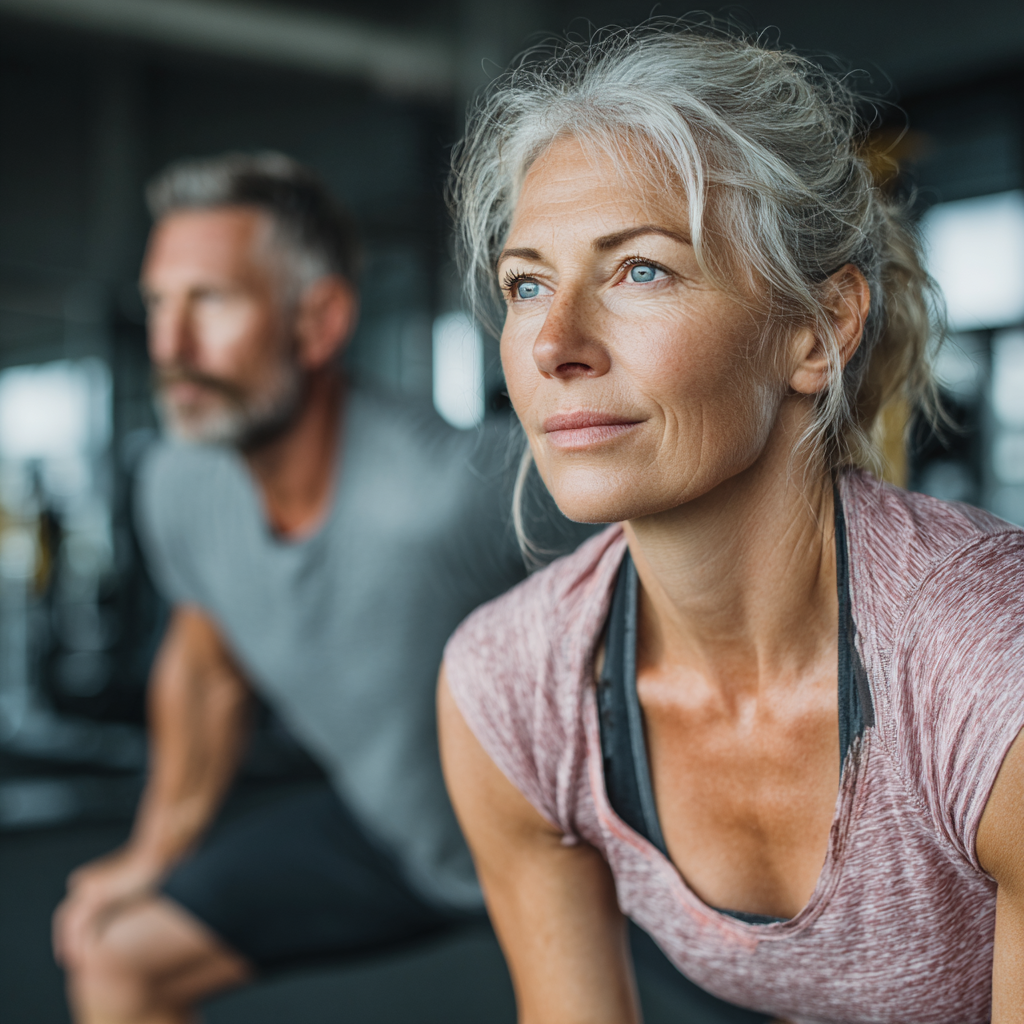 Mature woman around 50 years old doing stretching exercises with personal trainer in bright gym studio